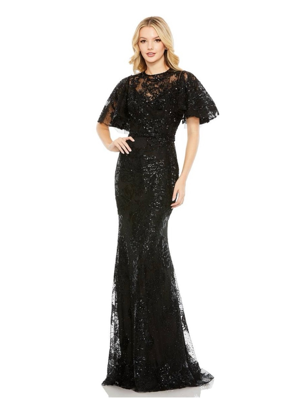 Mac Duggal Embellished Flutter Sleeve High Neck Gown 20438 Black Sz 8 NWT $898